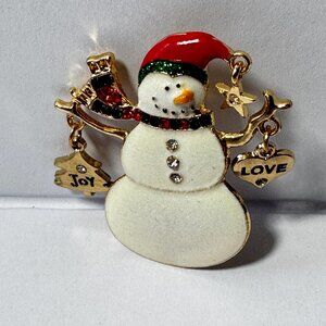 Vintage Snowman Brooch with Dangling Charms Joy Love Holiday Pin White Glitter R